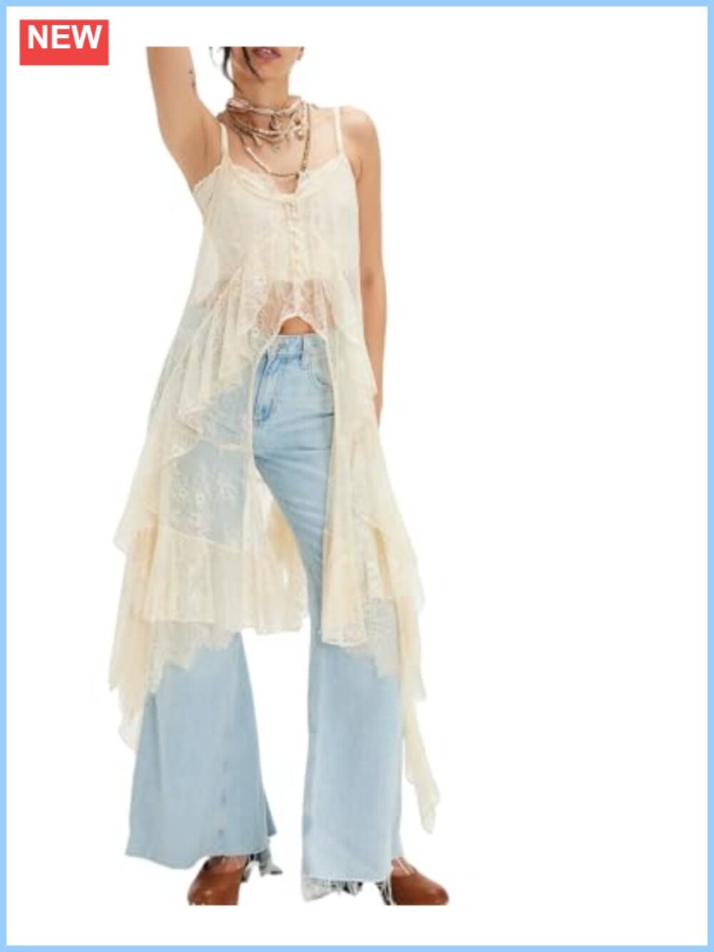 Women Sheer Floral Lace Cami Spaghetti Strap Ruffle Flowy Long Tank Top